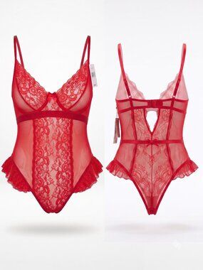 Red Sheer Lace Mesh Bodysuit Teddy Lingerie No Underwire 2X NWT